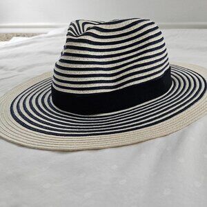 NEW JCrew Blue White Striped Straw Fedora Sun Hat